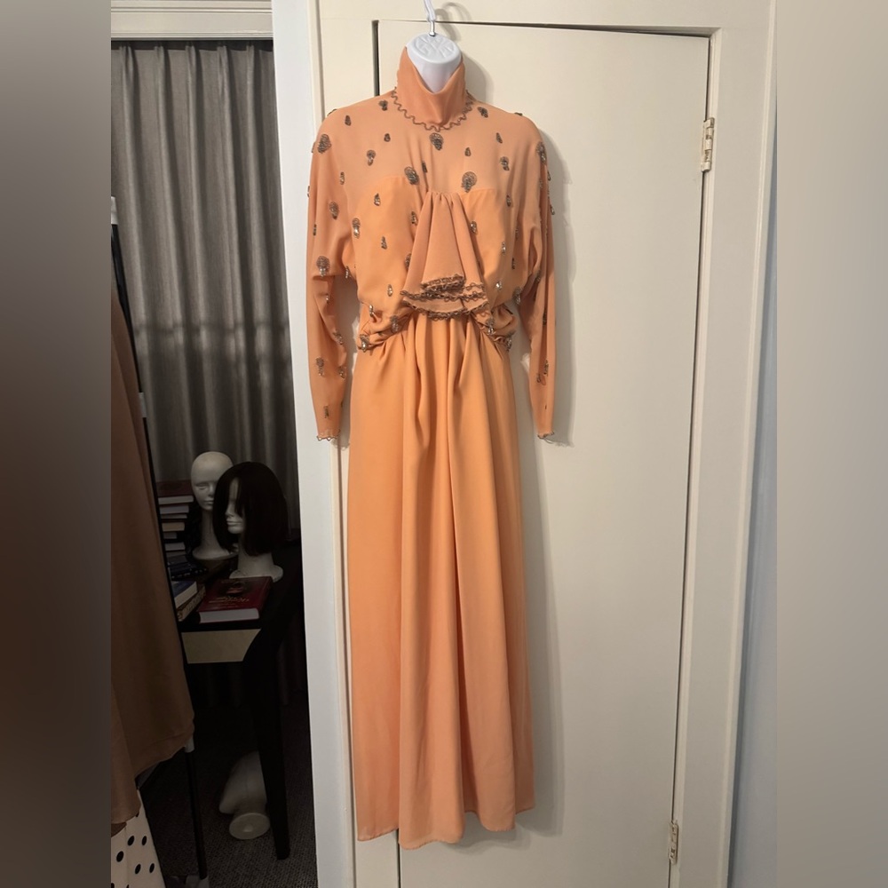 Elegant Peach custom vintage Long Dress with beautiful detailed Embellishments